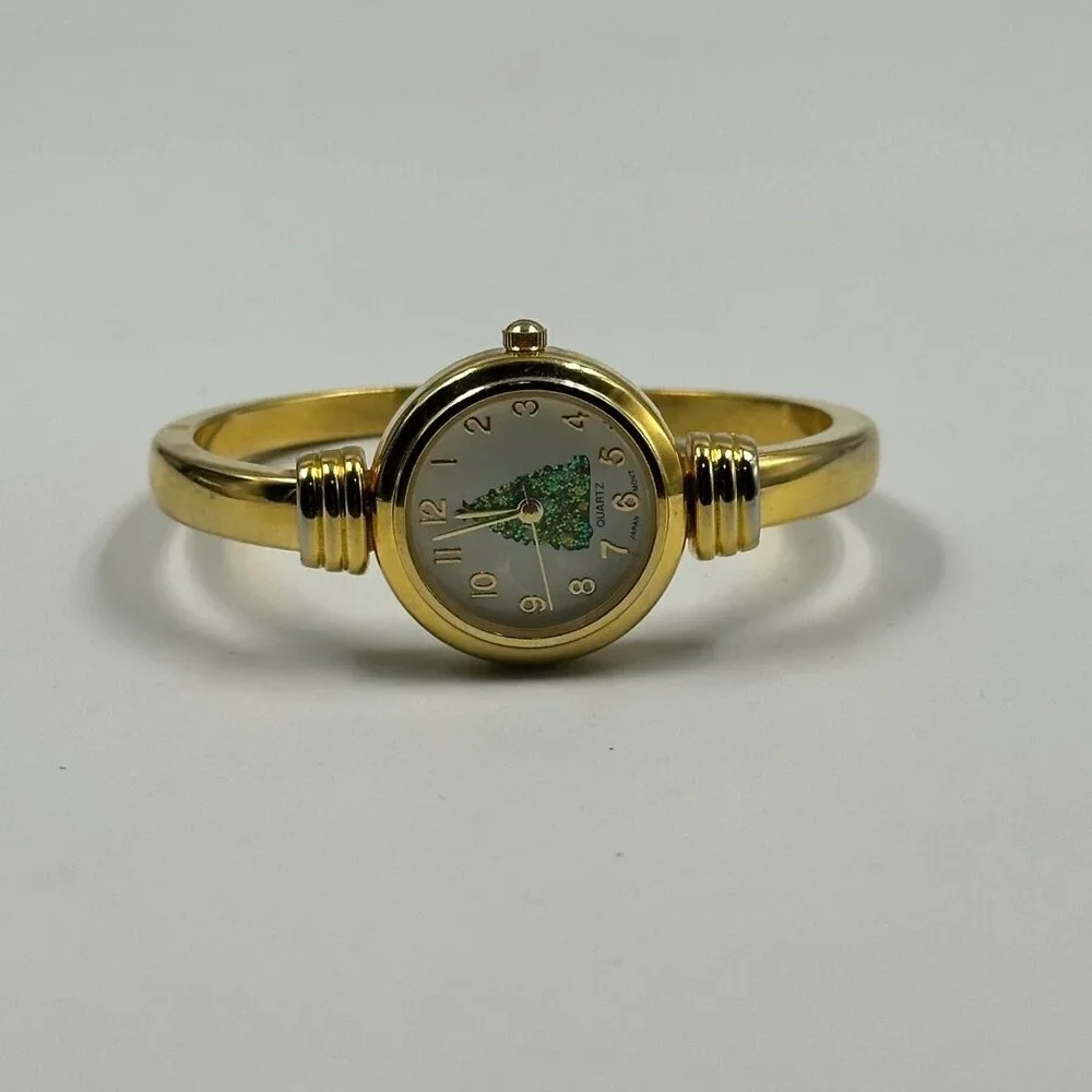 Christmas Tree Watch Women Gold Tone White Dial Hinged Cuff Band New Battery